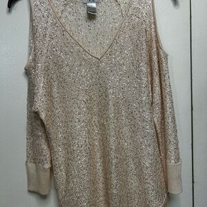 Cache Metallic Knit V-Neck Cold-Shoulder Sweater - Champagne Gold